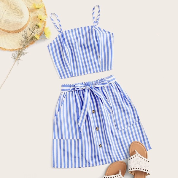 

Striped Print Cami Top With Belted Skirt