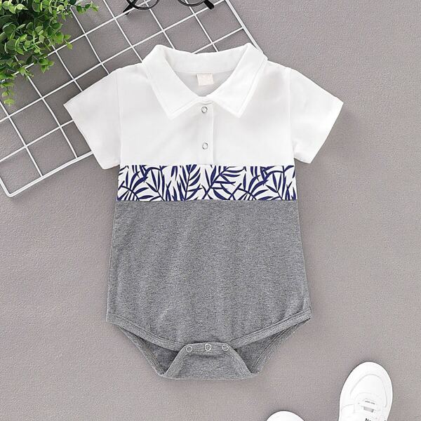 

Baby Boy Leaf Print Cut And Sew Collar Romper, Multicolor