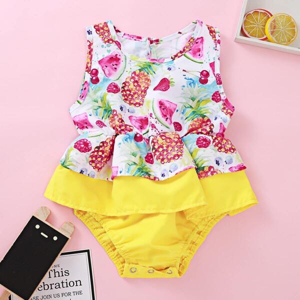 

Baby Girl Fruit Print Ruffle Trim Popper Romper