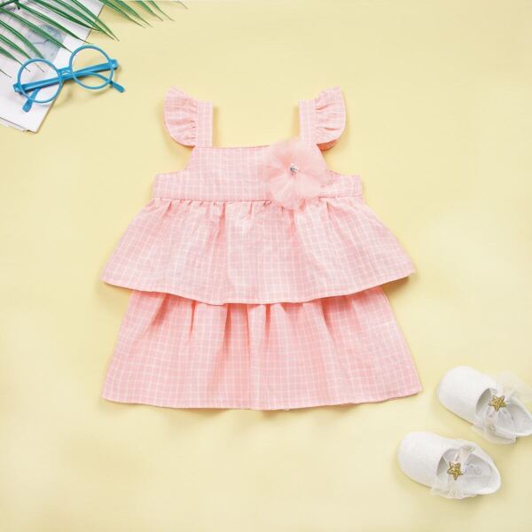 

Baby Girl Appliques Tiered Layer Ruffle Grid Plaid Cami Dress, Pink