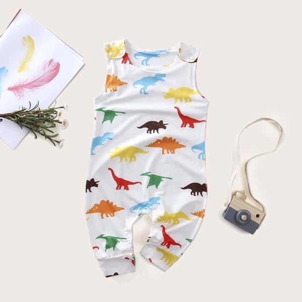 

Toddler Boys Dinosaur Print Popper Tank Jumpsuit