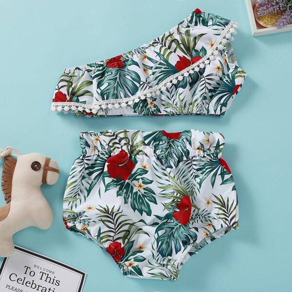 

Baby Girl One Shoulder Tropical Print Lace Panel Top With Shorts