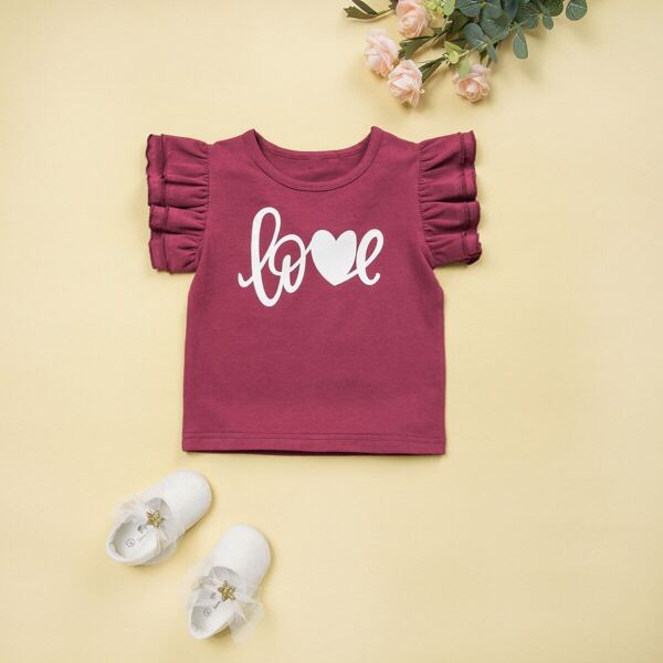 

Toddler Girls Letter Graphic Ruffle Sleeve Tee, Burgundy