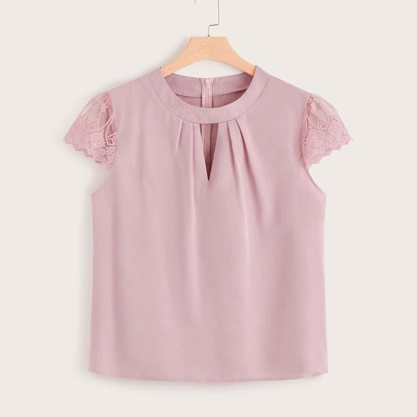 

Plus Embroidered Mesh Sleeve Keyhole Front Top