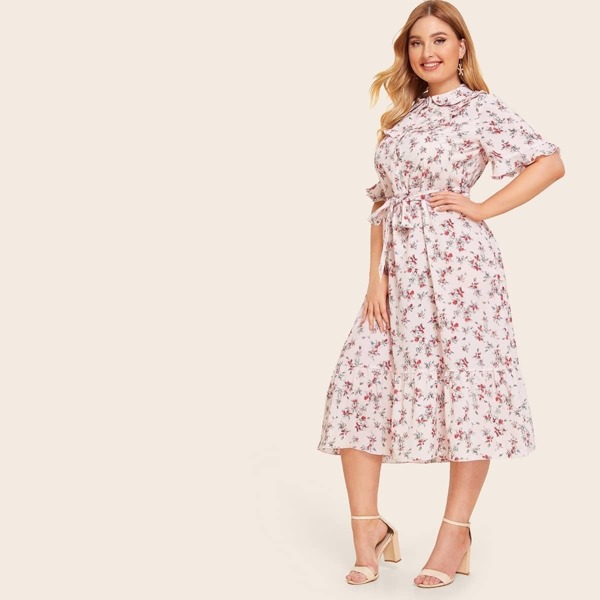 

Plus Floral Peter Pan Neck Ruffle Trim Belted Dress