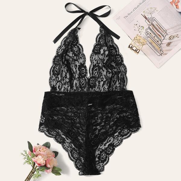 

Plus Floral Lace Halter Teddy Bodysuit, Black