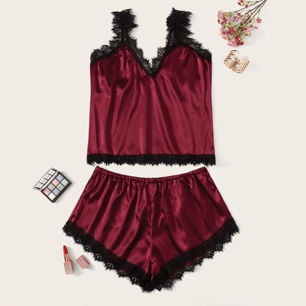

Plus Lace Trim Satin Lingerie Set