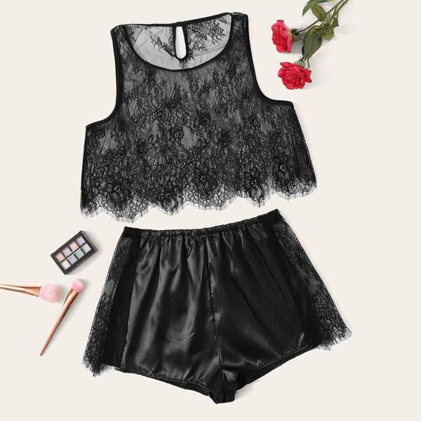 

Plus Lace Racerback Top With Satin Shorts
