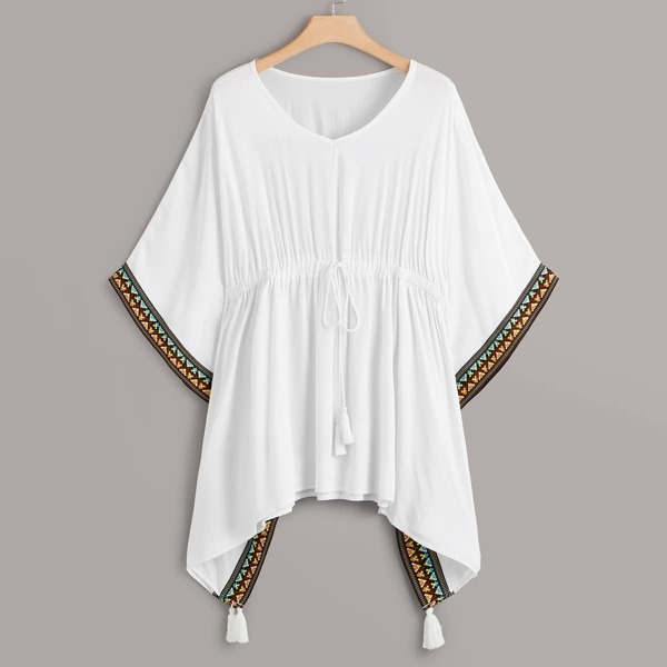 

Plus Half Sleeve Tie Waist Kimono, White