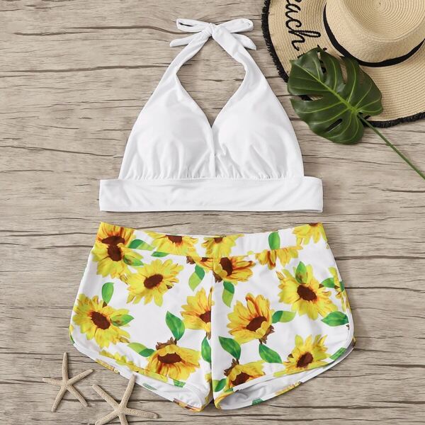 

Plus Halter Top With Sunflower Shorts Bikini, Multicolor