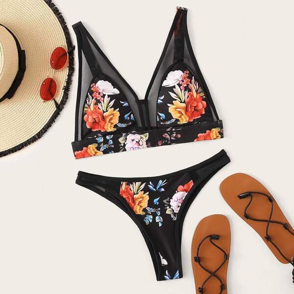 

Floral Contrast Mesh Bikini Set