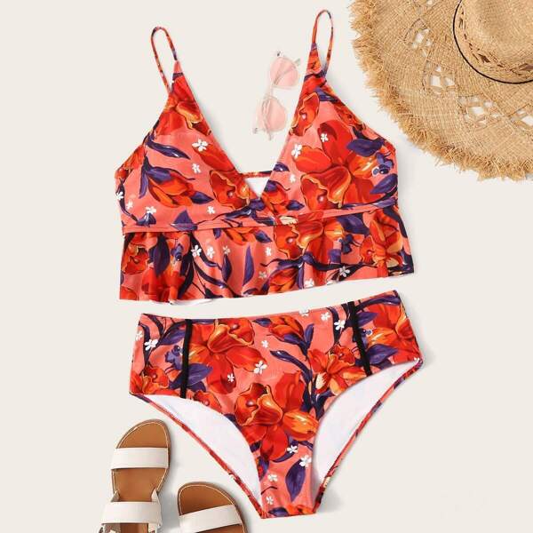 

Plus Floral Ruffle Hem Bikini Set, Multicolor