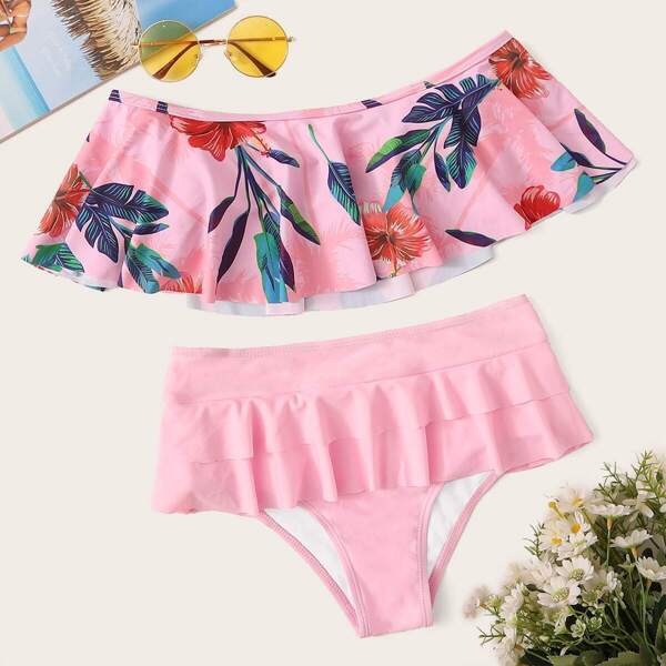 

Tropical Flounce Top With Tiered Layer Bikini Set