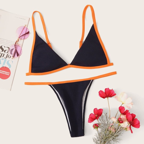 

Contrast Binding Triangle Top With Tanga Bikini Set, Navy