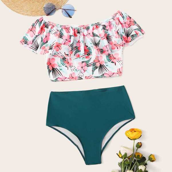 

Floral Flounce Top With High Waist Tankinis