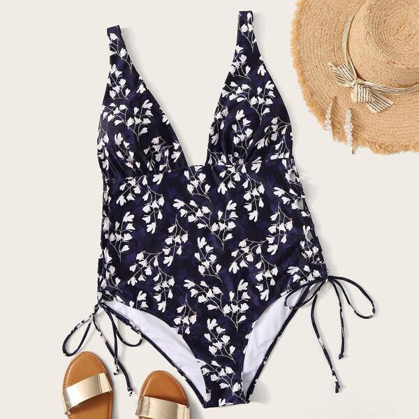 

Plus Floral Tie Side One Piece Swimwear, Navy
