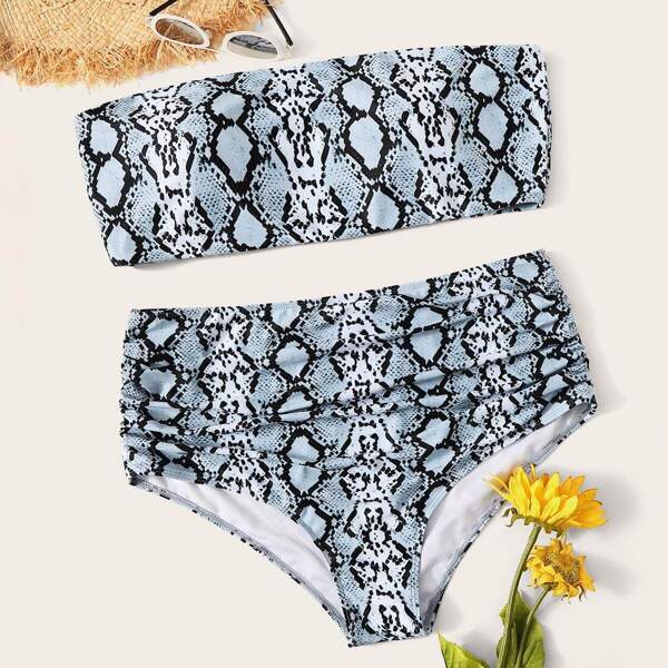 

Plus Snakeskin Bandeau With High Waist Bikini, Blue pastel