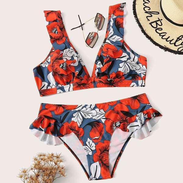 

Plus Floral Ruffle Trim Top With Panty Bikini Set, Multicolor