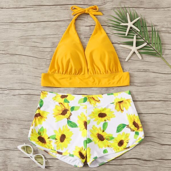 

Plus Halter Top With Sunflower Shorts Bikini, Yellow
