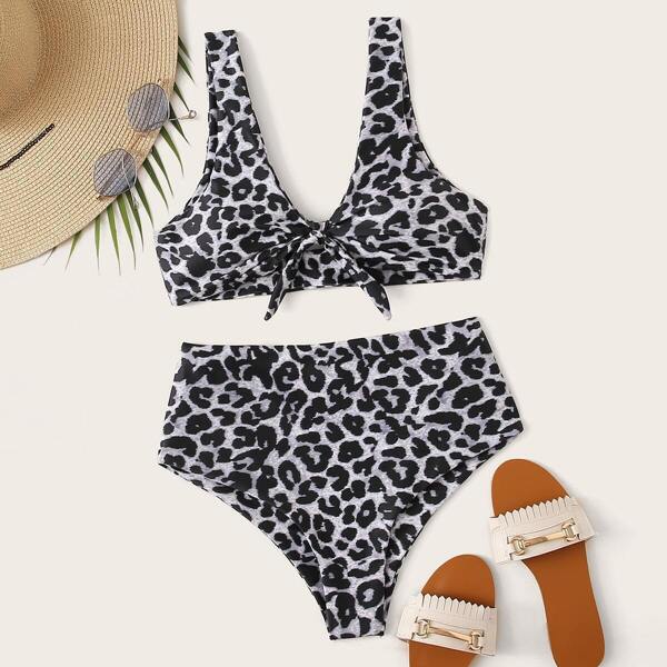 

Leopard Knot Top With High Waist Bikini Set