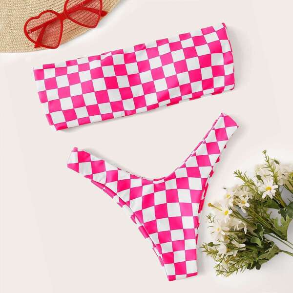 

Checkered Print Bandeau With High Cut Bikini Set