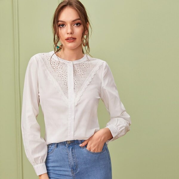 

Contrast Eyelet Embroidery Button Front Blouse, White