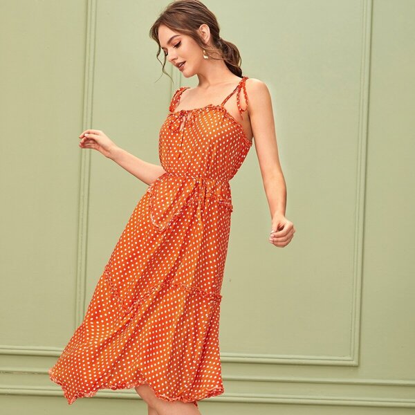 

Neon Orange Polka Dot Frill Trim Belted Cami Dress, Orange bright
