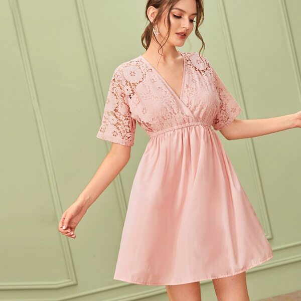 

V-neck Lace Panel Tie Back Dress, Pink