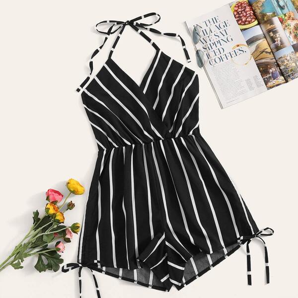 

Surplice Striped Drawstring Side Halter Playsuit, Black and white