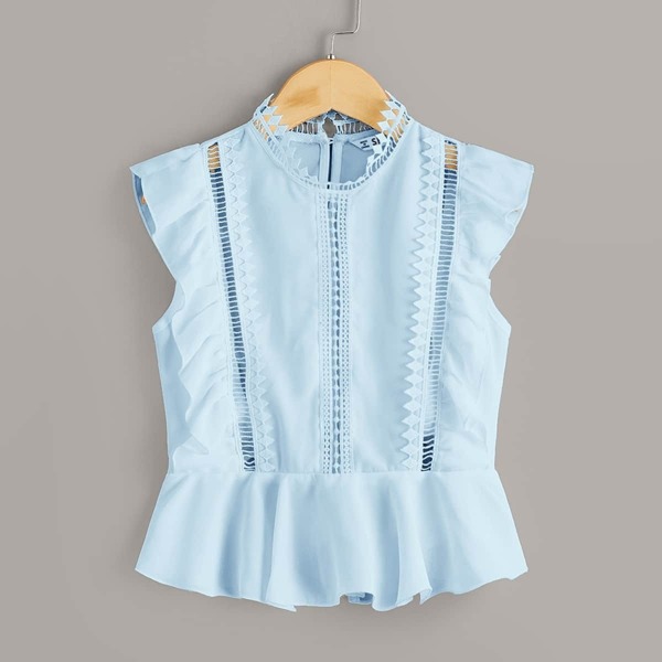 

Girls Lace Insert Ruffle Armhole Solid Top, Blue pastel
