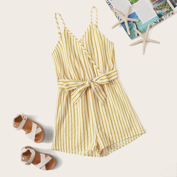 

Girls Surplice Neck Self Belted Striped Cami Romper