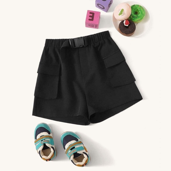 

Girls Buckle Belted Flap Pocket Patched Shorts, Black