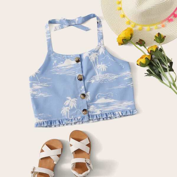 

Girls Button Up Ruffle Hem Halter Top