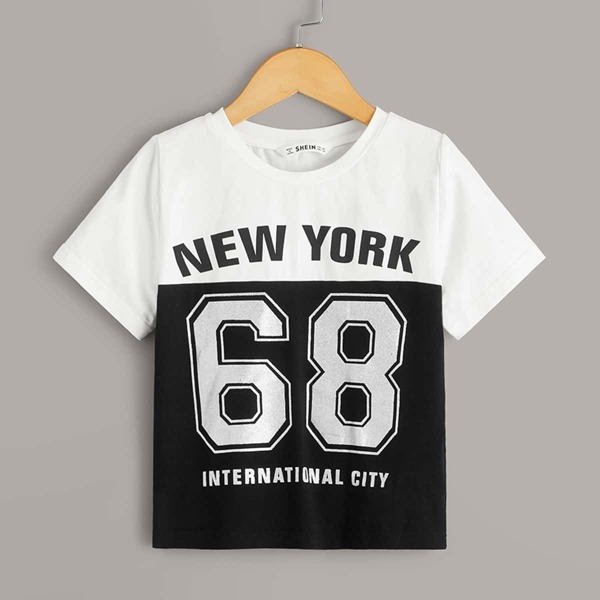 

Girls Number & Slogan Print Color-block Tee