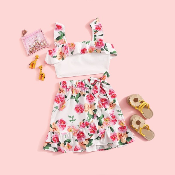 

Girls Ruffle Trim Crop Top & Wrap Knot Skirt Set, Multicolor