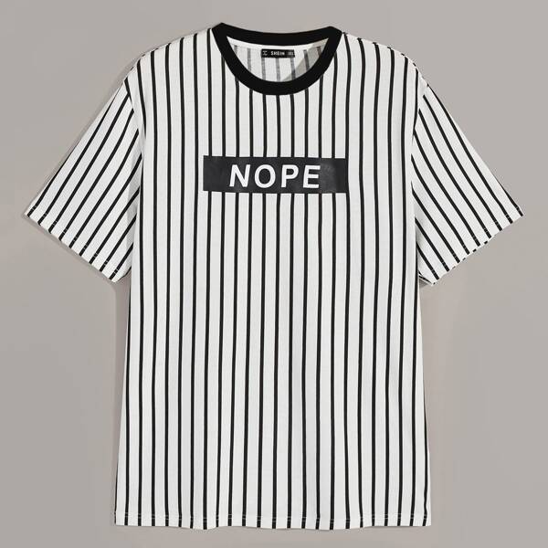 

Men Contrast Neck Letter & Striped Top