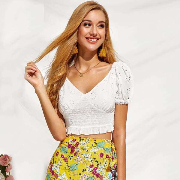 

Ruffle Hem Shirred Panel Eyelet Embroidery Top, White