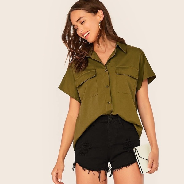 

Button Front Flap Pocket Blouse
