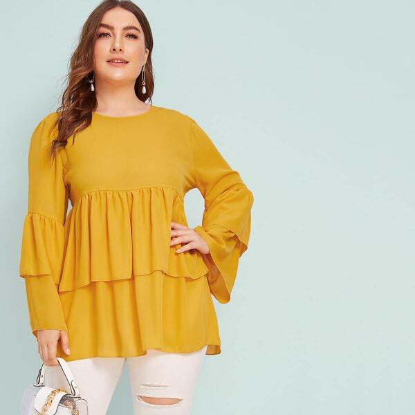 

Plus Keyhole Back Layered Ruffle Trim Top, Yellow