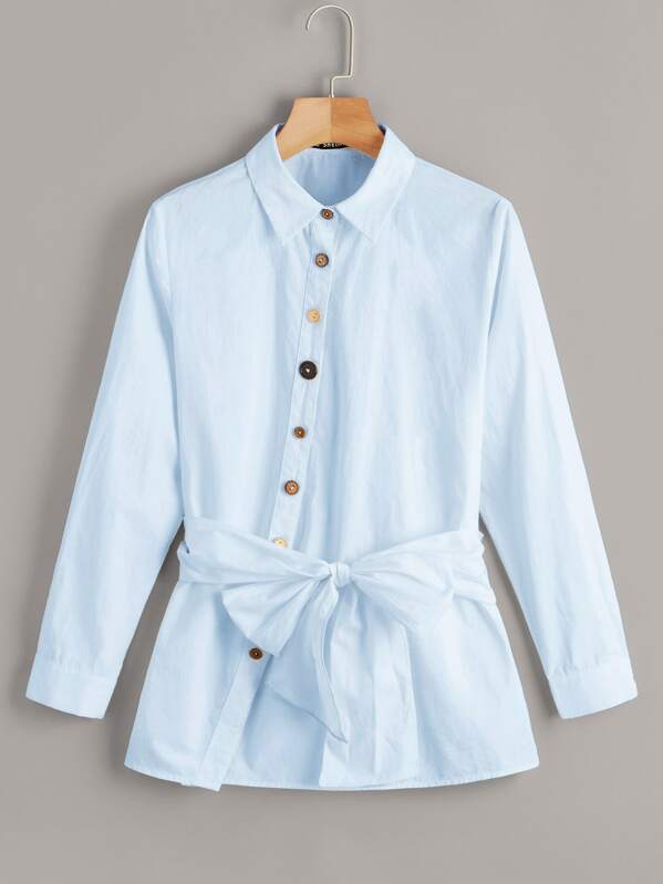 

Single Breasted Asymmetrical Placket Tie Front Shirt, Blue