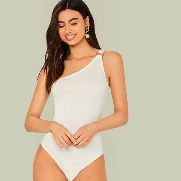 

O-ring One Shoulder Solid Bodysuit, White