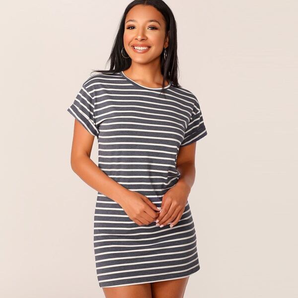 

Cuffed Sleeve Striped Tee Dress