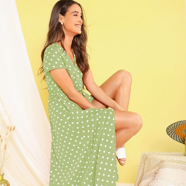 

Dot Print Split Thigh Wrap Belted Dress, Green pastel