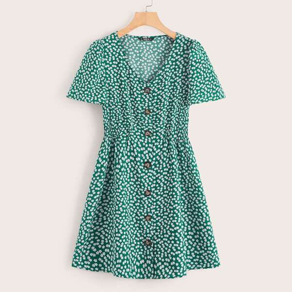 

Ditsy Floral Button Front Dress, Green
