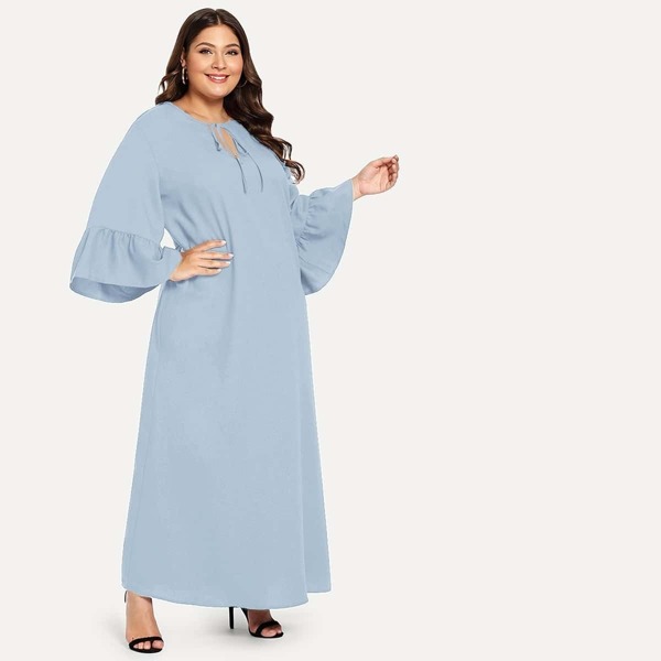 

Plus Tie Neck Bell Sleeve Maxi Dress, Blue pastel