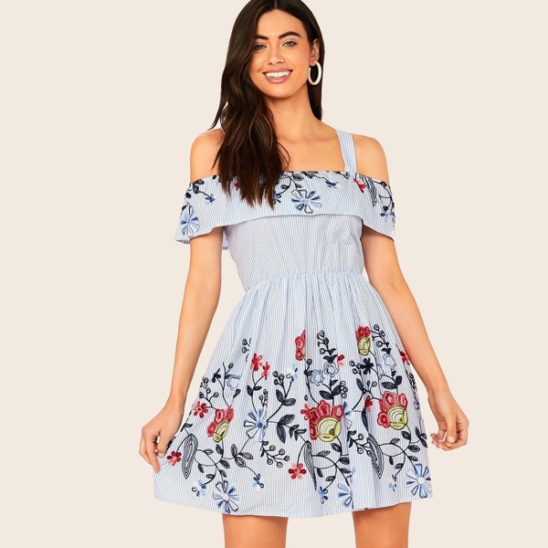 

Cold Shoulder Ruffle Trim Embroidery Detail Flare Dress, Blue pastel