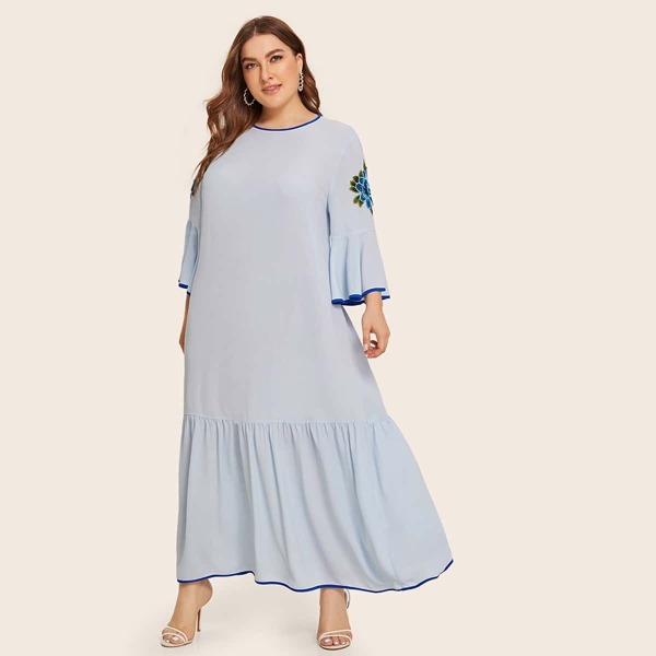 

Plus Contrast Binding Embroidery Appliques Sleeve Dress, Blue