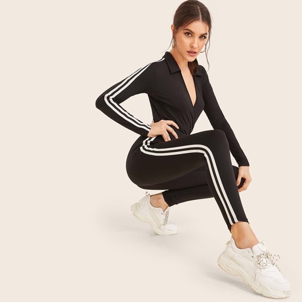 

Striped Tape Side Surplice Neck Skinny Jumpsuit, Black