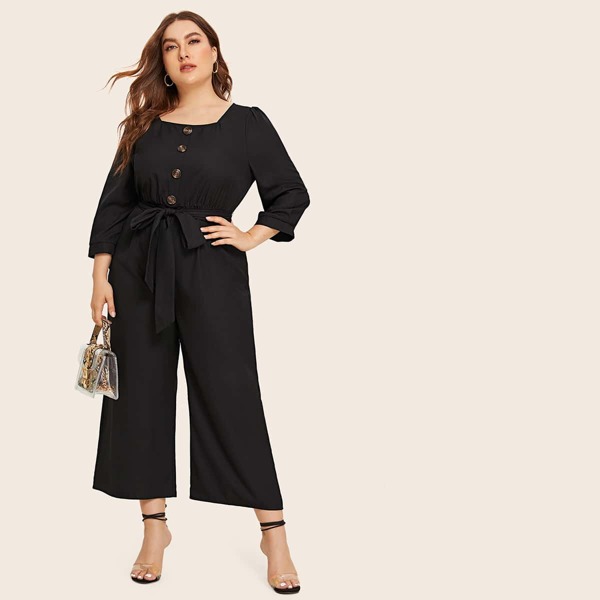 

Plus Button Detail Wide Leg Self Belted Jumpsuit, Black