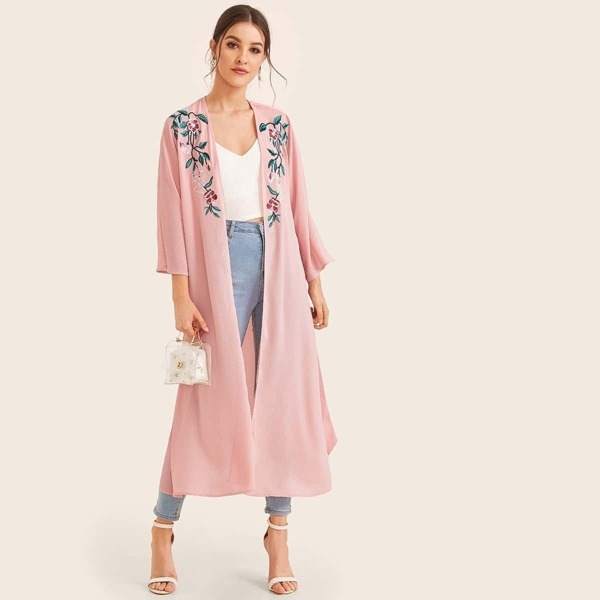 

Open Front Embroidery Floral Split Hem Belted Kimono, Pink